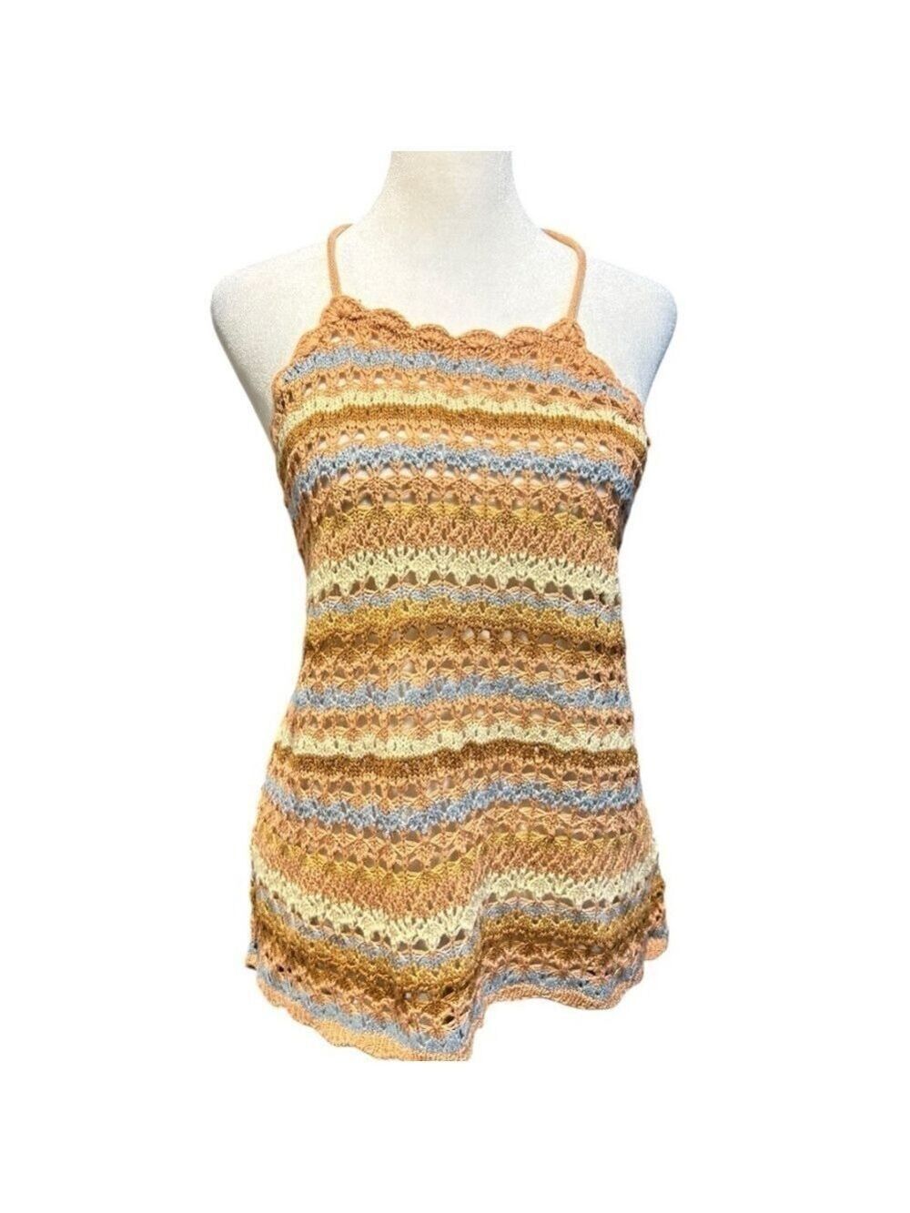 Rock & Roll Denim Sunset Halter Crocheted Tank Top Size Large EC